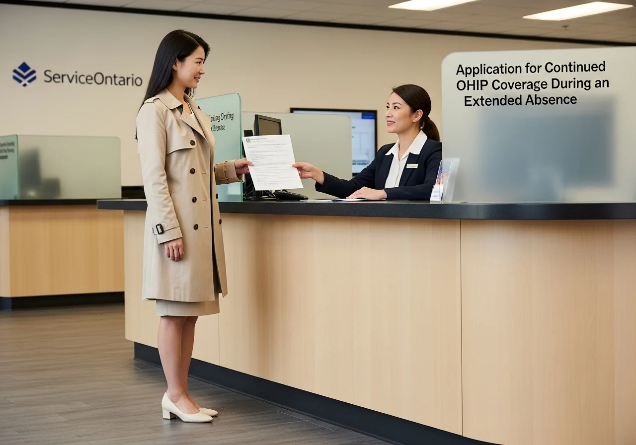 젊은 한국인 여성이 Service Ontario 같은 정부 기관 사무실에서, 'Application for Extended Absence' 서류를 제출하며 직원과 이야기하고 있다
