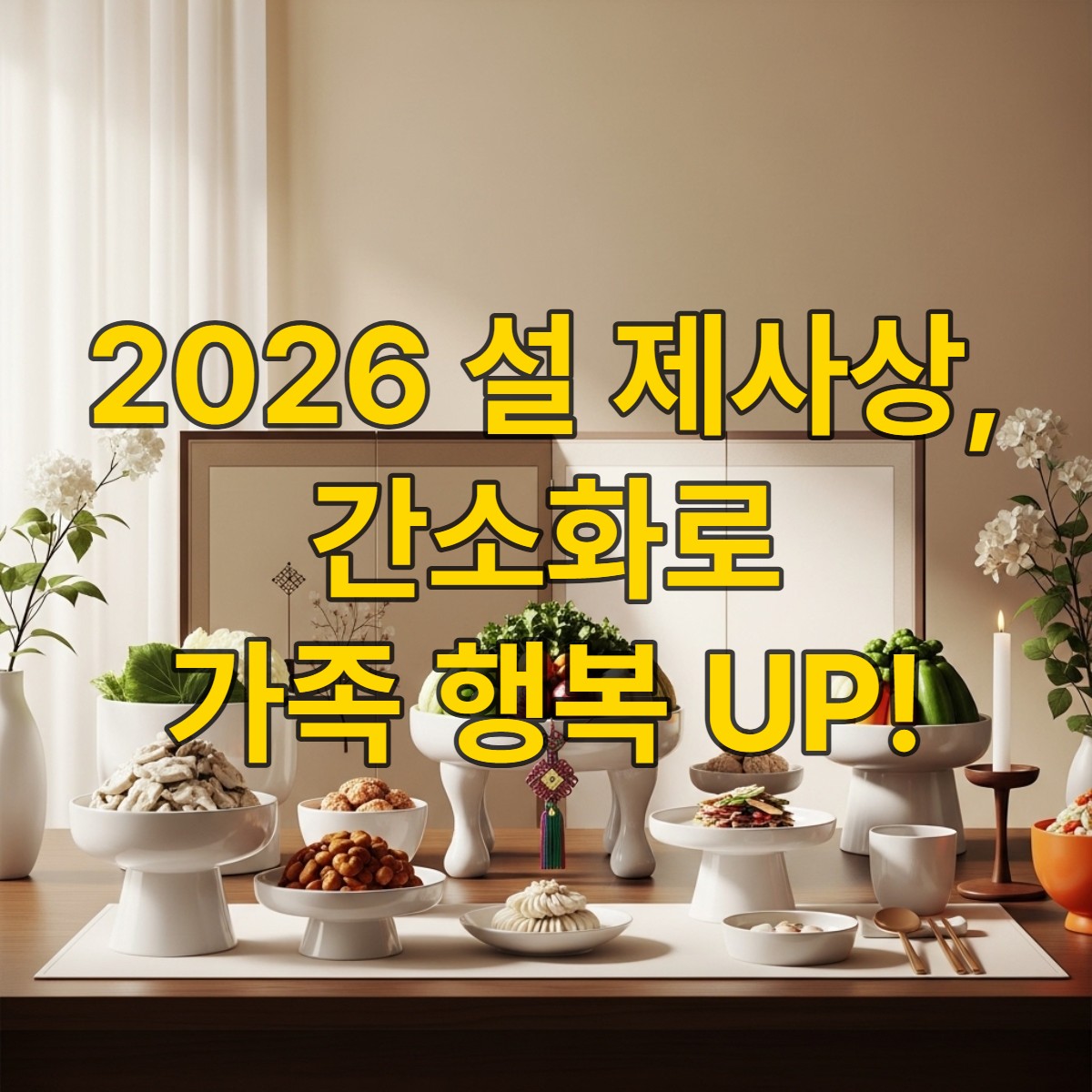 2026년 설 명절에 맞춰 간소화된 현대식 제사상 차림으로, 소박하면서도 정갈한 음식들이 조화롭게 놓여있고, 뒤편에는 깔끔한 배경이 보여 평화롭고 존경스러운 분위기를 연출합니다.
