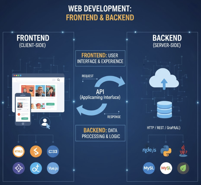 웹 개발의 프론트엔드와 백엔드 역할 분담 다이어그램. 프론트엔드는 사용자 UI/UX를 담당(HTML, CSS, JS, React 등), 백엔드는 데이터 처리/로직(Node.js, Python, DB 등)을 담당하며, API를 통해 서로 통신하는 구조를 시각화