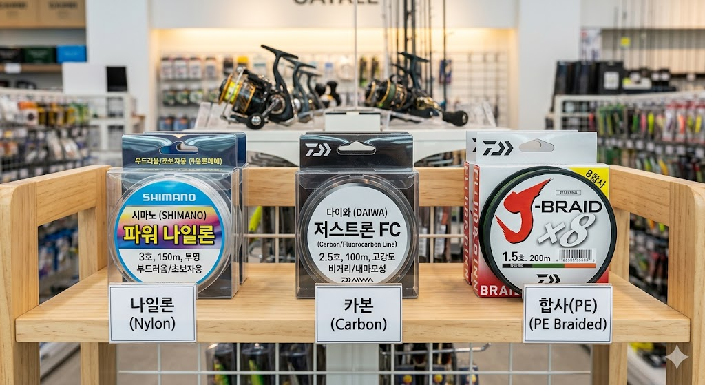 낚시점 진열대 위에 나일론, 카본, 합사(PE) 라인 제품들이 나란히 놓여 있는 장면. 각 제품 앞에 작은 라벨이 붙어 있고, 밝은 조명 아래 깔끔하게 정돈된 분위기. 낚싯줄 종류를 비교 설명하는 본문 중간에 배치할 이미지.