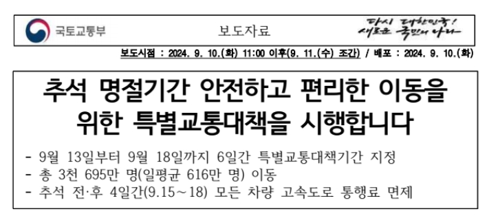 추석연휴 고속도로 통행료 면제