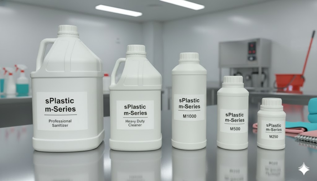 삼양플라스틱 m-시리즈 용기(M4000, M2000, M1000, M500, M250)가 'sPlastic m-Series' 라벨과 함께 밝고 위생적인 전문가용 청소/위생 관리 현장 작업대에 정렬되어 있습니다. M4000 라벨에는 'Professional Sanitizer' 문구가 기재되어 있으며, 이는 m-시리즈가 강력한 청소 용액 및 소독제 용기로서의 효율성과 안전성을 제공함을 보여줍니다.