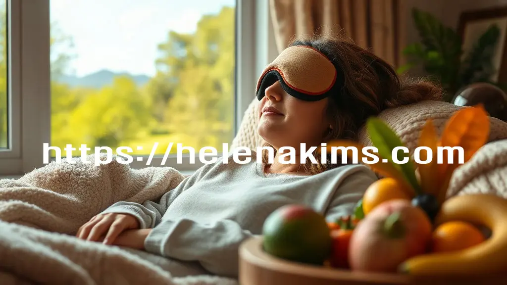 따뜻한 찜질팩으로 눈을 덮고 편안하게 휴식을 취하는 여성의 모습, 그 옆에는 눈 건강에 좋은 과일이 놓여 있는 이미지.