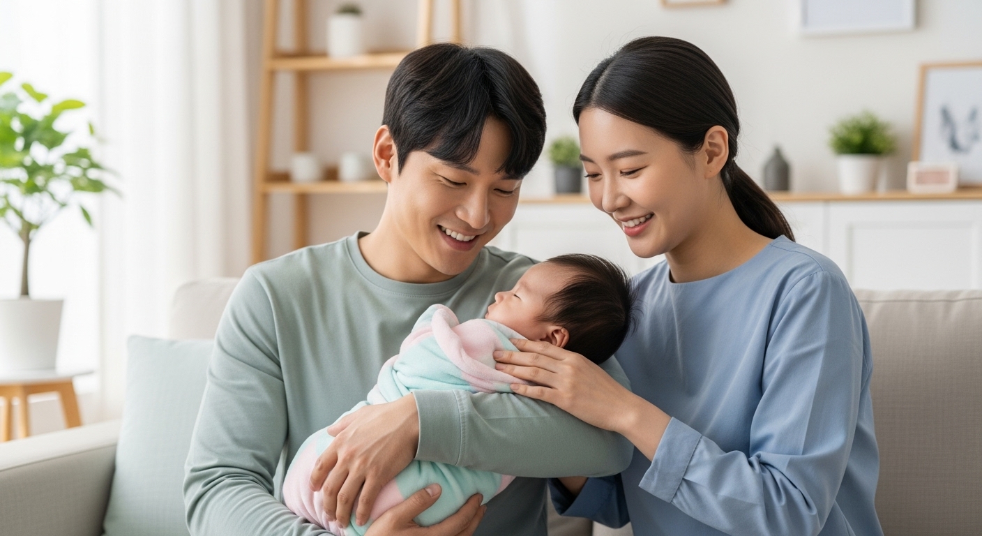 2025년 하반기 부모급여 지원금을 받는 행복한 부모와 아기 가족의 모습, 육아 경제적 부담 완화