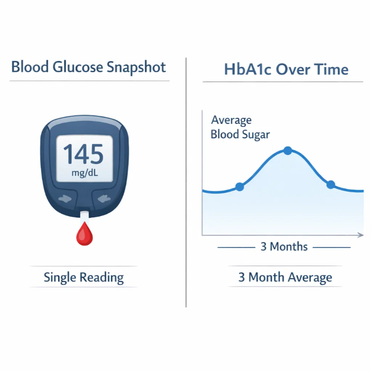 공복혈당 단일 측정값과 HbA1c 3개월 평균 혈당의 차이를 비교한 개념도