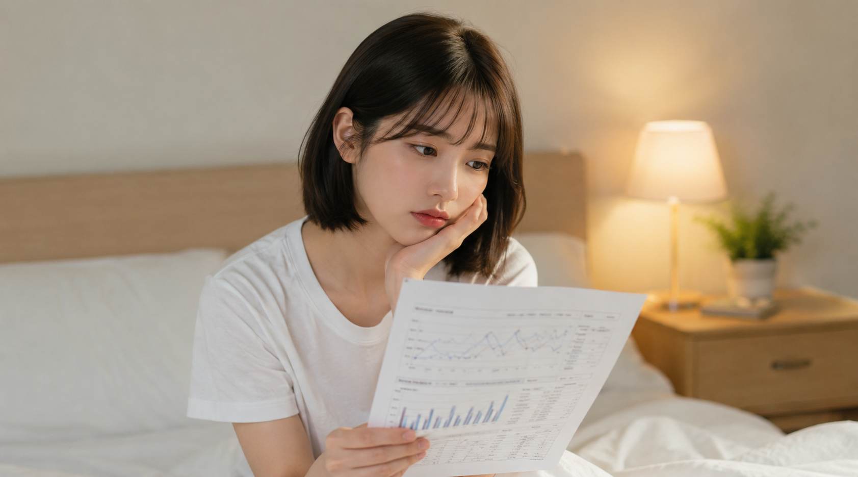 수면다원검사 결과지의 AHI와 RDI 수치를 확인하며 고민하는 젊은 여성 모습