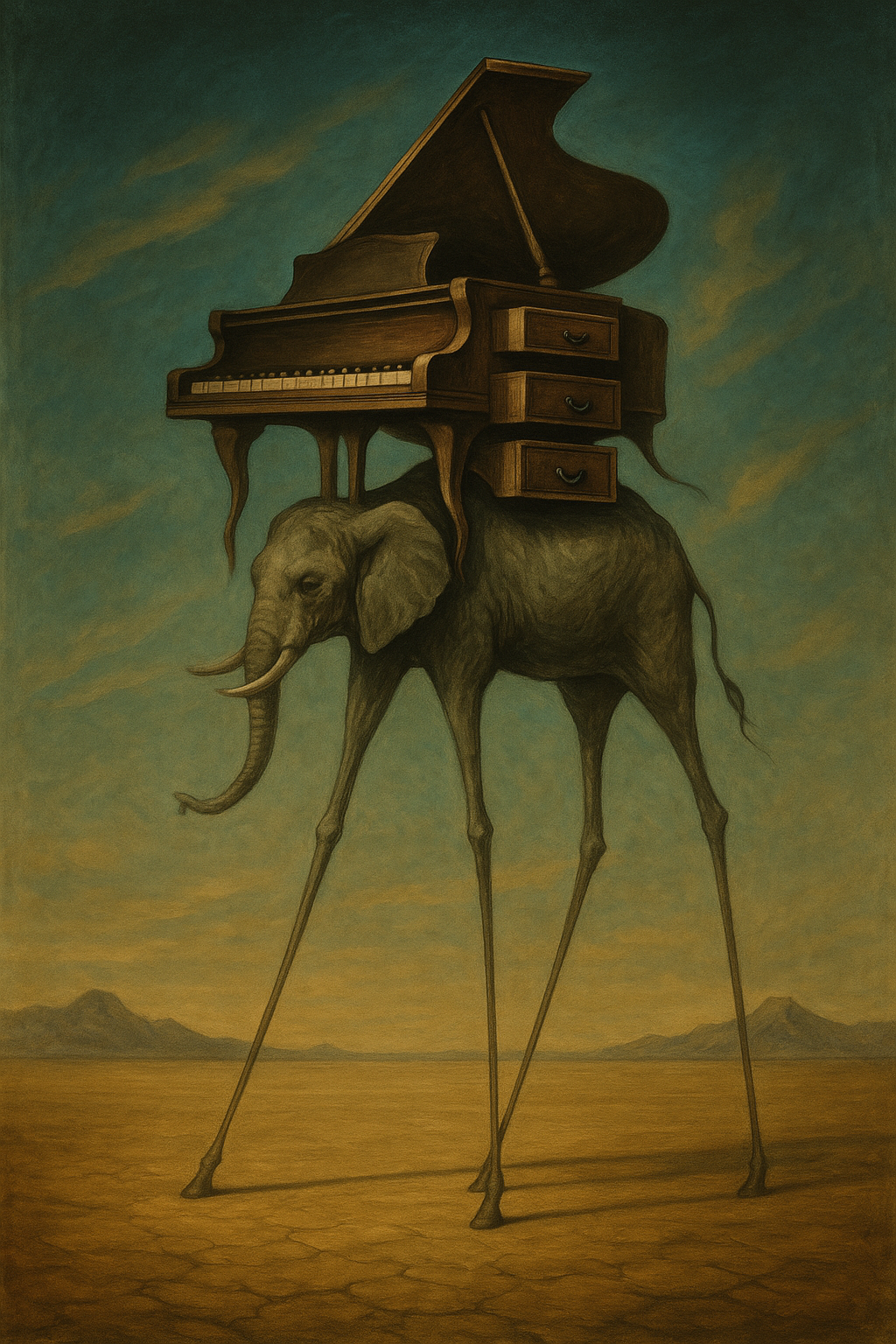 가느다란 다리의 코끼리 등에 서랍이 달린 피아노, 살바도르 달리 초현실주의 스타일로, 꿈속 사막 풍경, 중력을 무시하는 환상적 장면, 시간이 멈춘 듯한 고요함