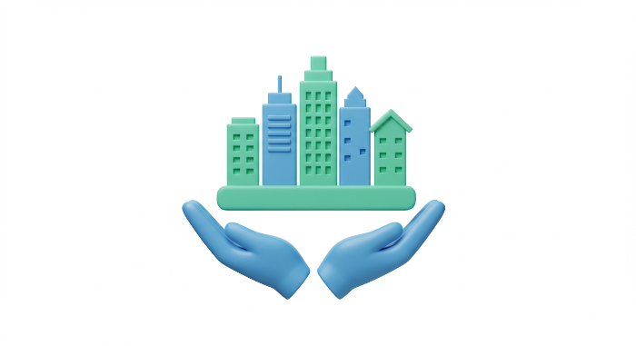 아래에서 받쳐주는 손과 도시 건물들을 표현한 3D 지자체 지원 아이콘