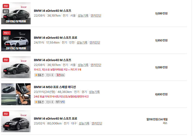 bmw i4 중고차 가격 시세표 유지비