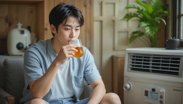 에어컨 아래 따뜻한 차를 마시는 남성