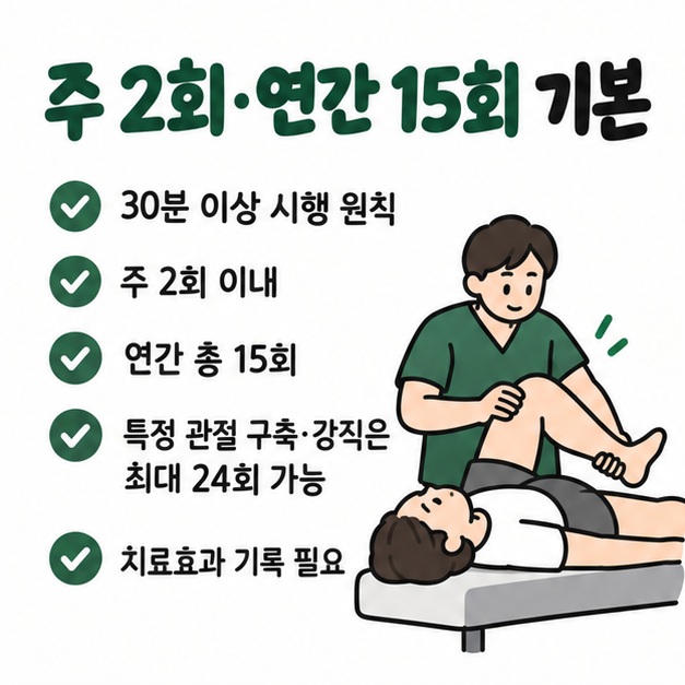 주 2회 이내와 연간 15회 기본 기준, 특정 관절 구축·강직은 최대 24회까지 인정될 수 있음을 보여주는 카드