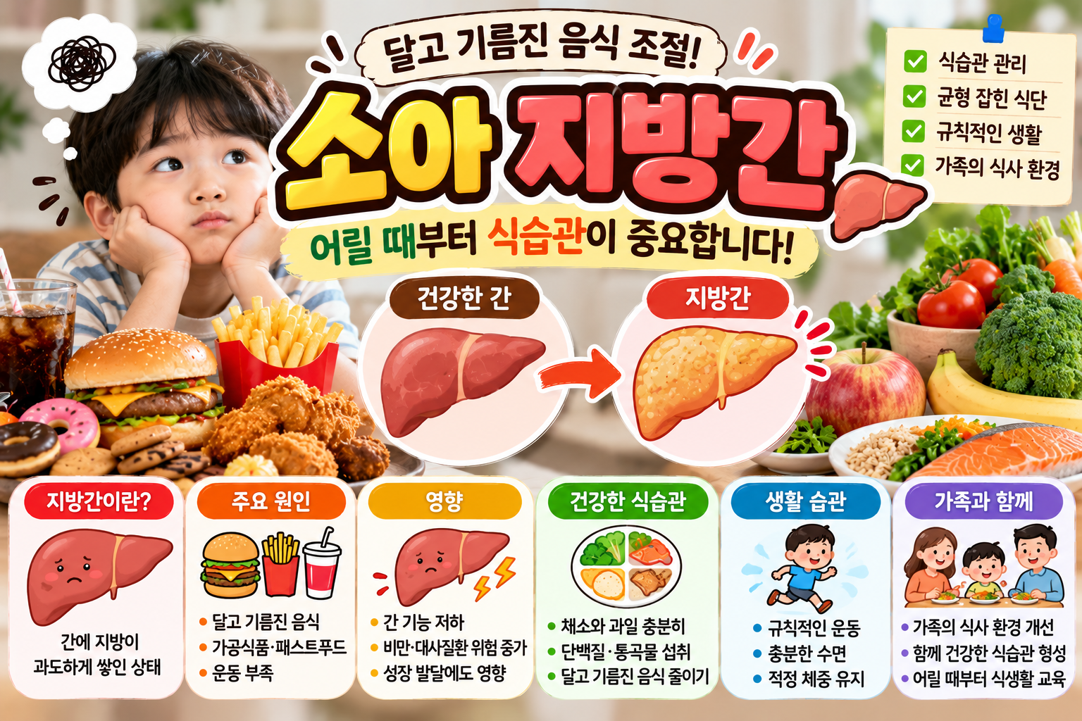 소아 지방간의 원인과 비알코올성 지방간, 올바른 식습관 및 식생활 교육의 중요성을 소개하는 건강정보 썸네일 이미지. 왼쪽에는 햄버거, 감자튀김, 탄산음료 등 고열량 음식과 어린아이의 모습이, 오른쪽에는 채소, 과일, 생선 등 건강한 식재료가 배치되어 있다. 중앙에는 정상 간과 지방간의 차이를 비교하는 그림이 있으며, 하단에는 소아 지방간의 주요 원인과 건강 영향, 균형 잡힌 식단, 규칙적인 운동, 충분한 수면, 가족과 함께하는 식습관 개선 방법을 안내하고 있다.
