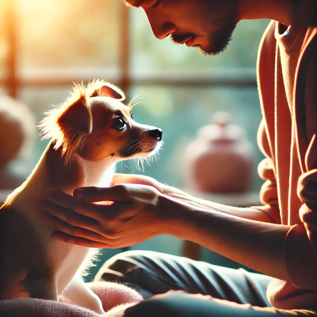 강아지를 사랑스럽게 바라보는 보호자, 따뜻한 분위기의 교감 장면