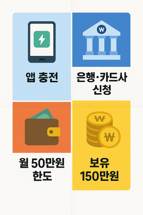 서울사랑상품권은 앱 충전과 은행&middot;카드사 신청을 통해 사용 가능하며 월 50만원 충전 한도, 최대 보유 150만원 제한이 적용되는 내용을 시각적으로 정리했습니다