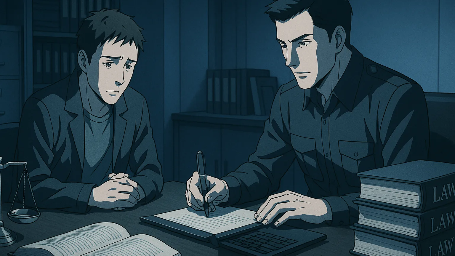 경찰서 수사과 사무실에서 조사받는 모습과 법전, 조서 작성 장면이 포함된 공정한 수사 과정 이미지