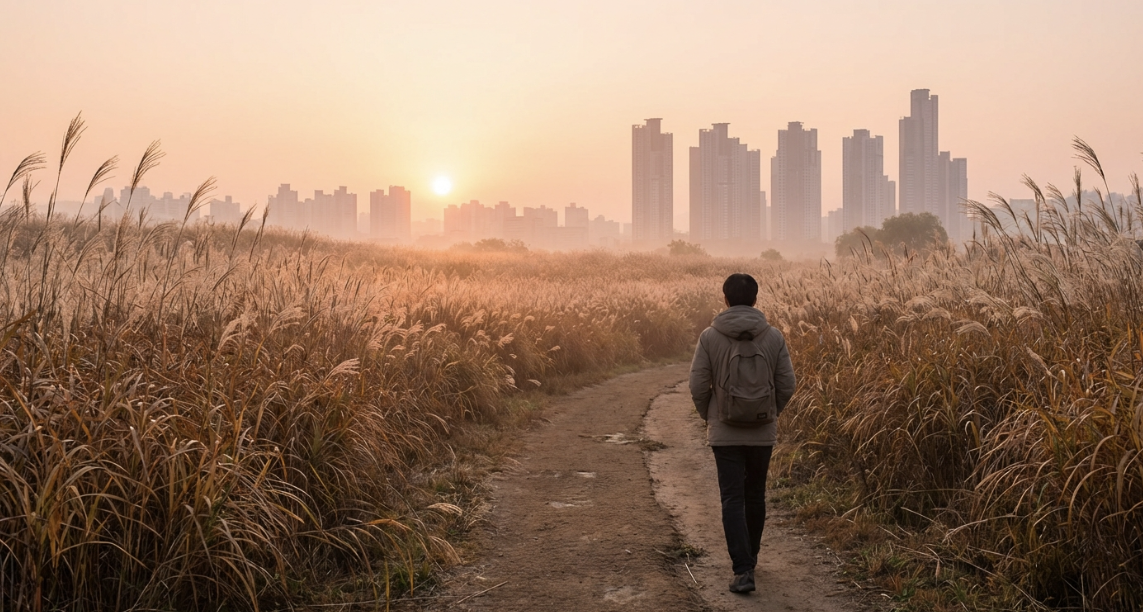 하늘공원 억새밭 사이로 해가 떠오르는 평화로운 아침, 한 사람이 산책하는 모습