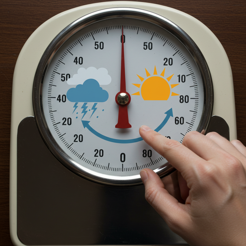 한 사람이 체중계 다이얼을 돌려 폭풍우 아이콘에서 해 아이콘으로 맞추는 모습. 체중 감량을 통한 긍정적 변화를 상징.