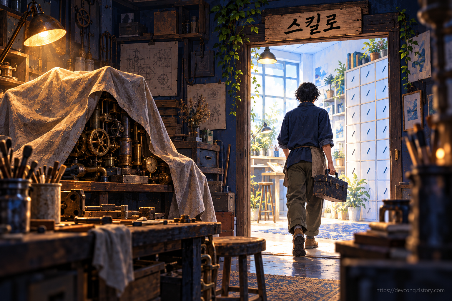 기계를 덮어 둔 작업실에서 공구 상자를 들고 서랍마다 슬래시 손잡이가 달린 밝은 새 작업실로 들어가는 사람과 스킬로 표지판