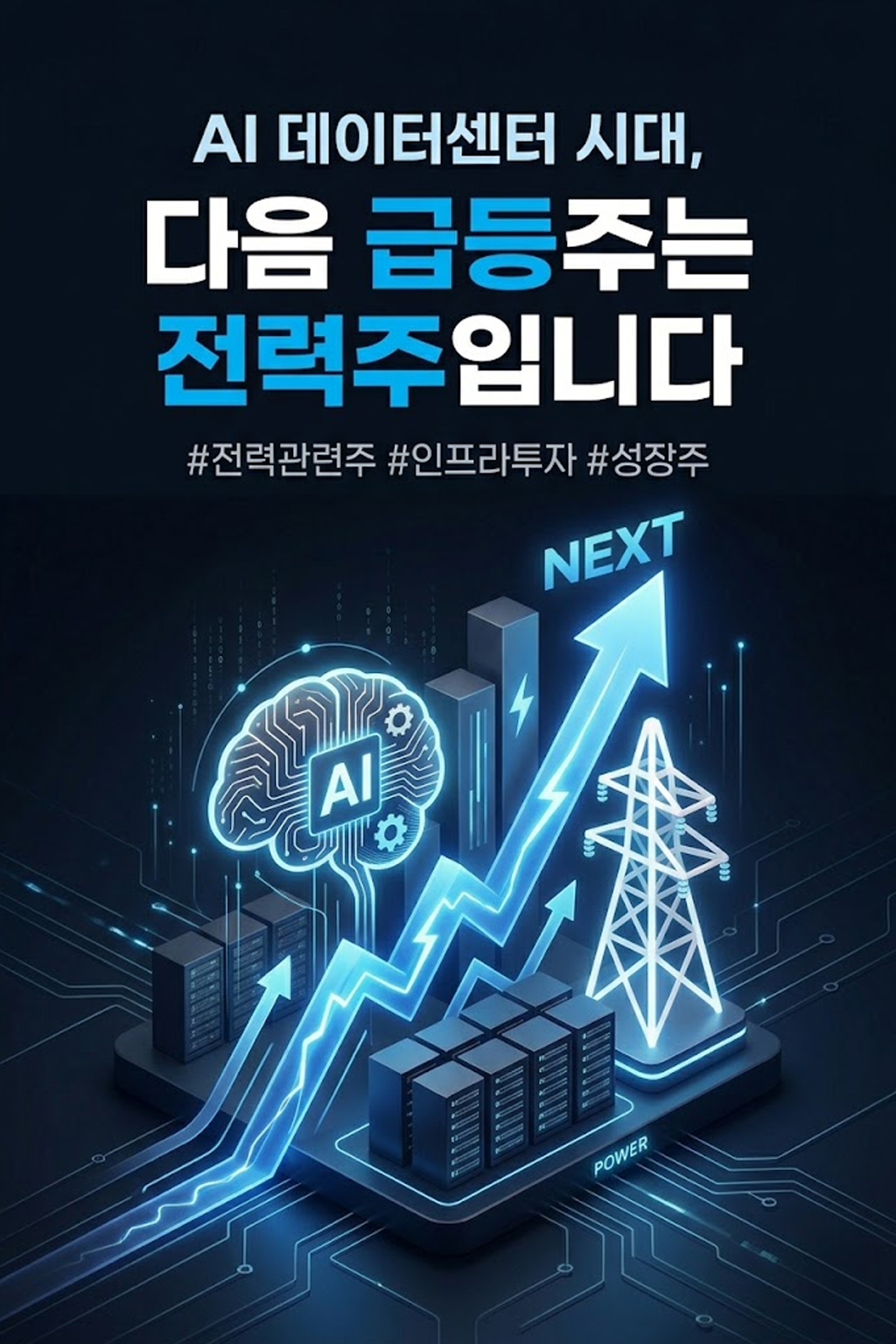 AI 데이터센터와 전력 인프라의 성장을 나타내는 상승 화살표 그래픽이 포함된 '다음 급등주는 전력주' 블로그 썸네일 이미지입니다.