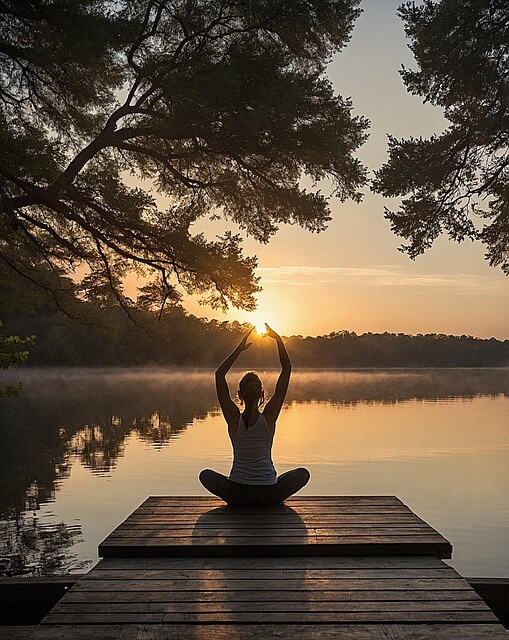 새벽 강가에서 요가하는 여자의 뒷모습