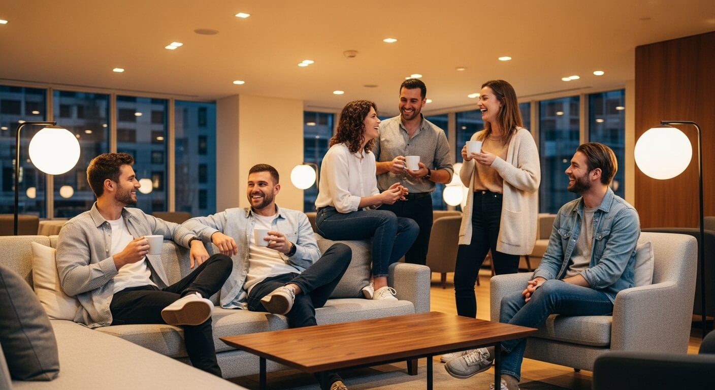 호텔 라운지에서 커피를 즐기며 대화하는 여행객들
