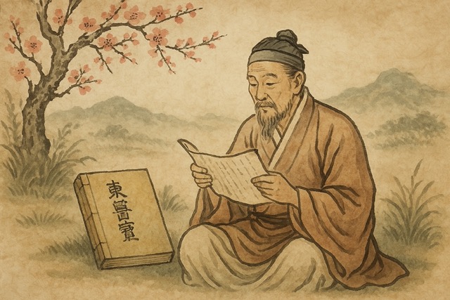 봄날 벚나무 아래에서 동의보감을 펼쳐 든 노인이 고요한 자연 속에서 건강의 지혜를 음미하는 동양화
