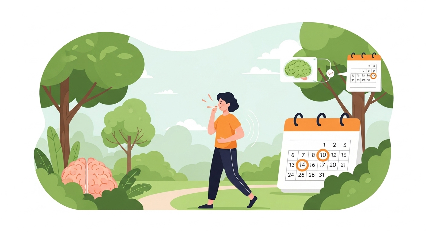 공원에서 산책하거나 가벼운 운동을 하는 사람의 모습. 모야모야병 관리 후 건강한 일상생활과 꾸준한 관리를 상징합니다