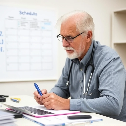 무료 건강검진 신청중인 시니어 남성