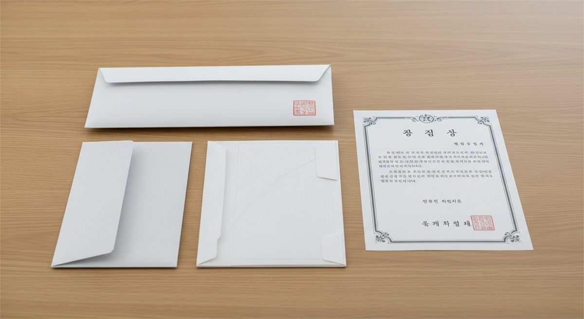 봉투와 폴더, 증명서류를 한데 정리한 지원사업 신청 준비 장면