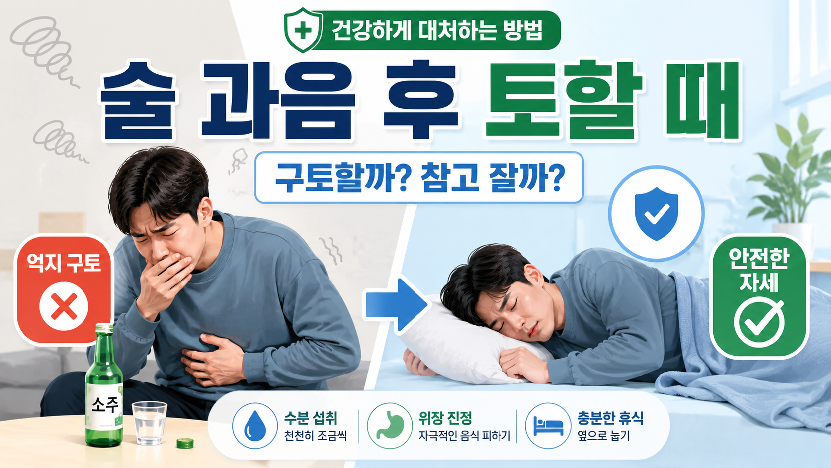 술 과음 후 토할 것 같을 때 억지 구토를 피하고 옆으로 누워 안전한 자세로 쉬는 대처법을 설명한 건강 정보 썸네일