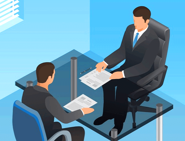 사무실 안에서 양복을 입은 두 남자가 마주 앉아서 면접을 진행한다.