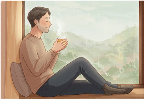 변비에 영향을 미치는 스트레스 관리를 위해 창가에서 따뜻한 차를 마시며 휴식을 취하는 남성 일러스트.