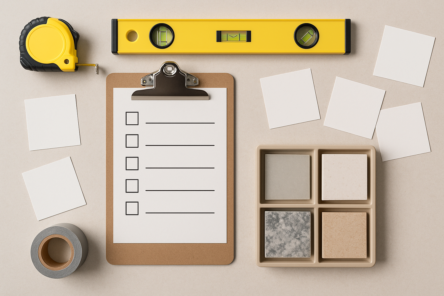 체크박스형 카드와 클립보드, 줄자·수준기·방수 테이프·타일 샘플을 정돈해 놓은 시공 체크리스트 플랫레이.