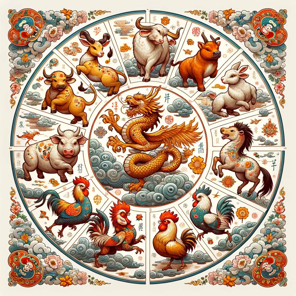 위 이미지는 전통 동양 스타일로 그려진 12간지 12지신을 나타냅니다. 각 동물은 그 특징을 살려 활기차게 묘사되어 있으며, 전체적인 미적 매력을 높이기 위해 구름, 꽃, 전통 문양과 같은 클래식한 장식 요소로 둘러싸여 있습니다.