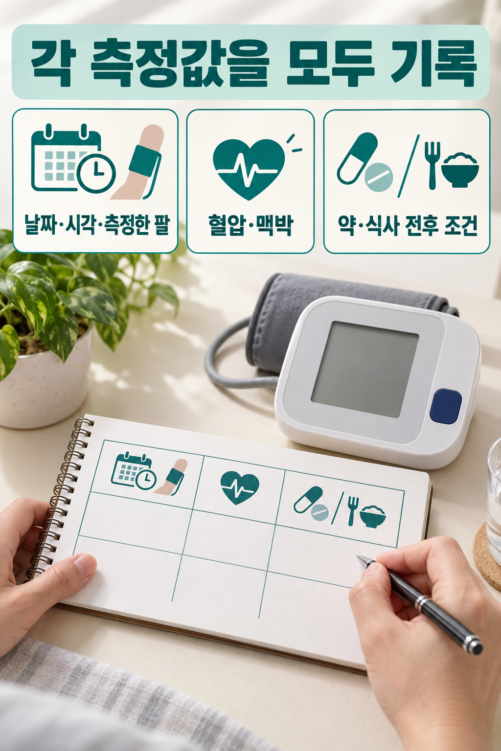 날짜&middot;시각&middot;측정한 팔, 혈압&middot;맥박, 약&middot;식사 전후 조건을 남기도록 나눈 빈 기록 양식