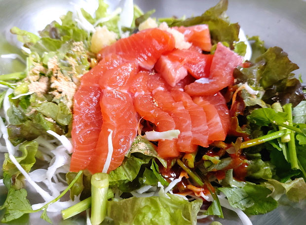 송어회 야채 위의 붉은 송어회