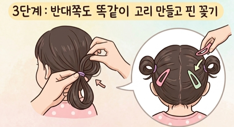 왼쪽과 오른쪽 양갈래 구역을 모두 고무줄 4개로 단단하게 이중 결속하여 완성도 높게 마감한 여아 뿌까머리 상태