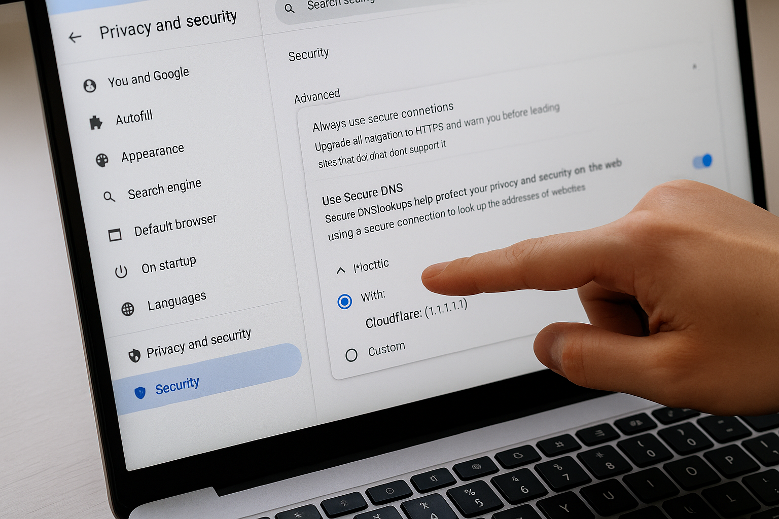 브라우저 보안 설정 화면에서 Use Secure DNS 토글을 활성화하는 손