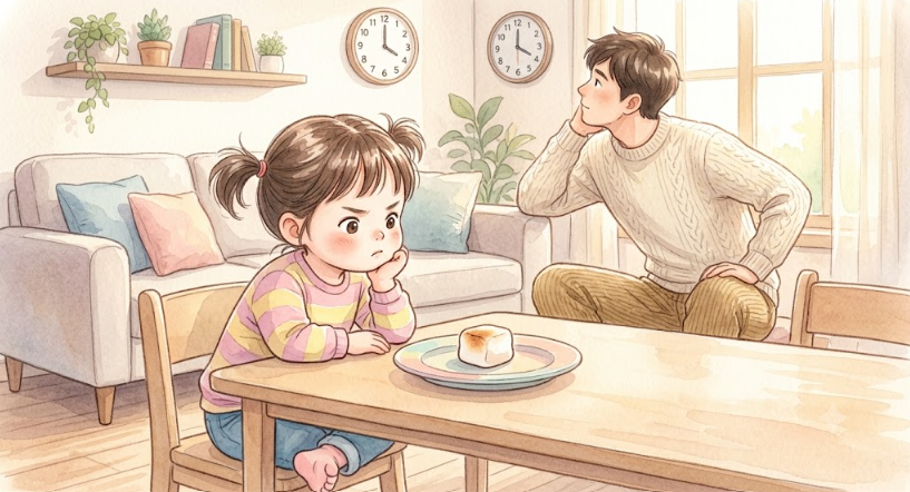 접시에 놓인 간식을 앞에 두고 기다림을 참아보려 애쓰는 아이와 지켜보는 아빠의 모습을 담은 일러스트