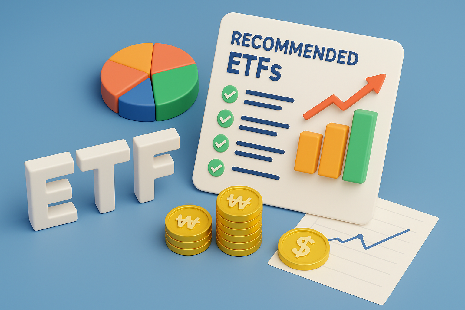 ETF 텍스트, 포트폴리오를 형상화한 원형파이그래프, ETF 추천목록을 형상화한 대시보드가 함께 있는 이미지
