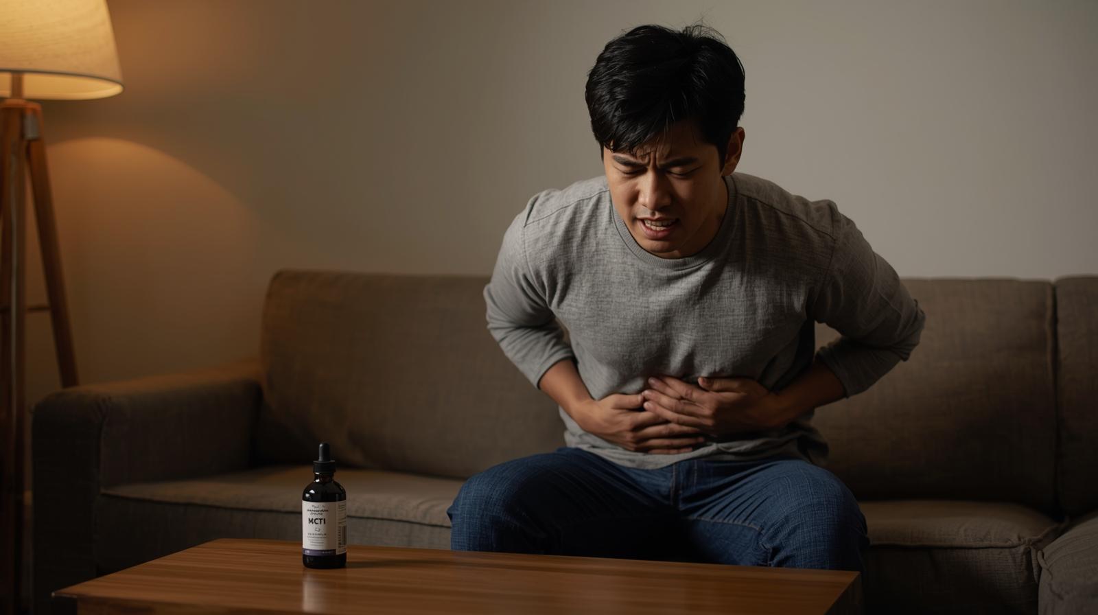 따뜻한 조명 속 거실 소파에 앉아 배를 움켜쥐고 복통을 느끼는 한국 남성, 옆 탁자 위에는 작은 MCT 오일 병