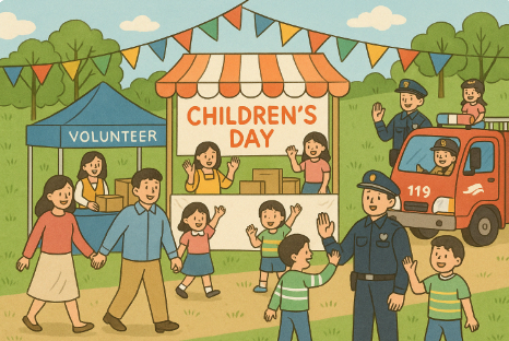 한 마을에 어린이와 자원봉사자, 어른, 공무원들의 모습