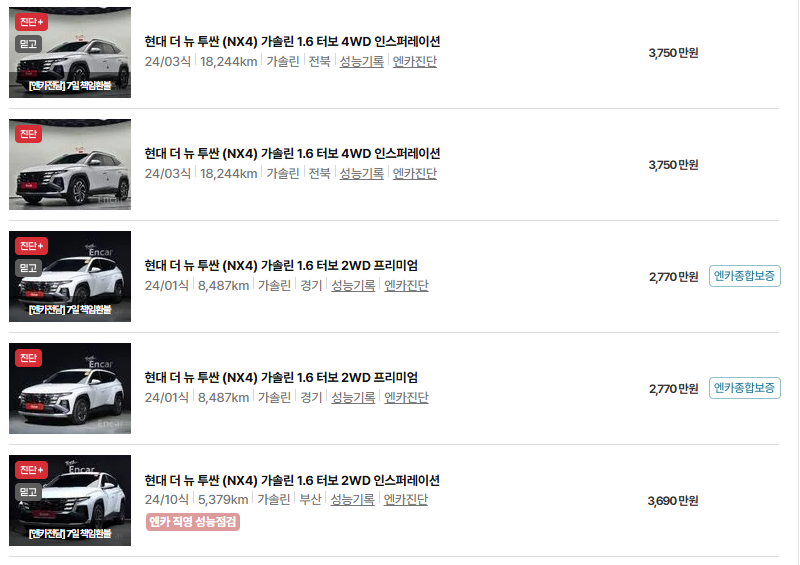 현대 투싼 중고차 가격 시세표 유지비