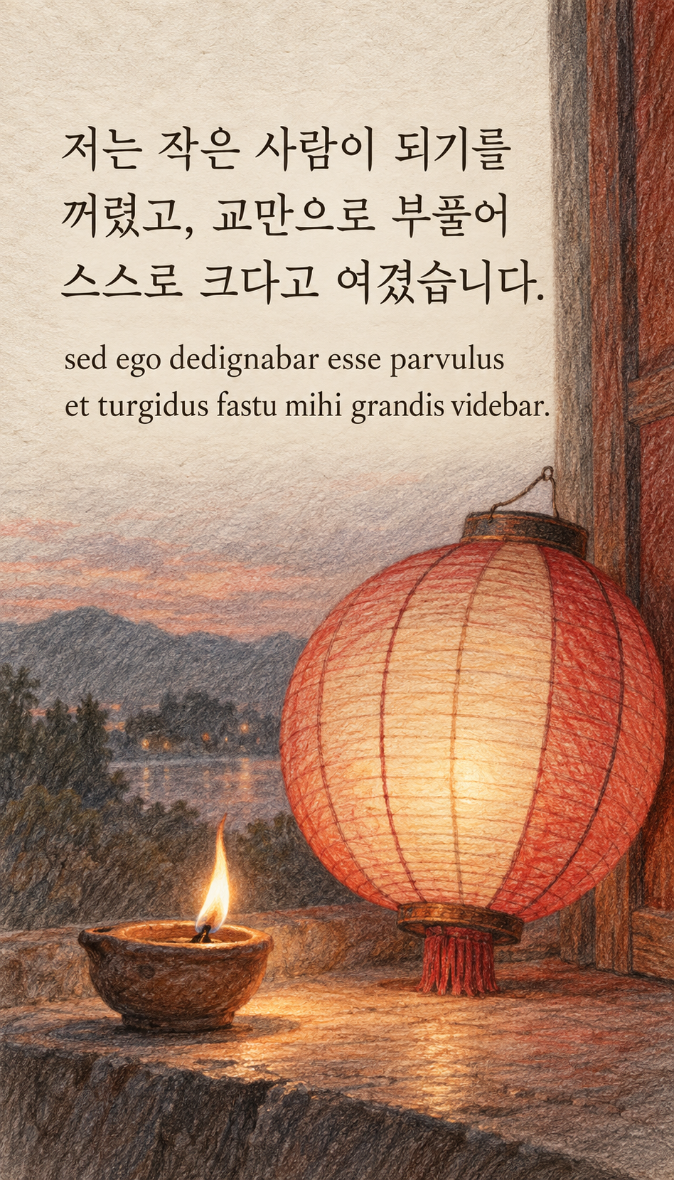 저는 작은 사람이 되기를 꺼렸고, 교만으로 부풀어 스스로 크다고 여겼습니다. — 색연필로 그린 종이 등과 작은 등잔, 종이 질감의 색연필 그림
