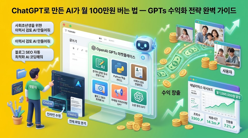 ChatGPT로 만든 AI가 월 100만원 버는 법, GPTs 수익화 전략 및 니치 시장 공략 가이드 이미지