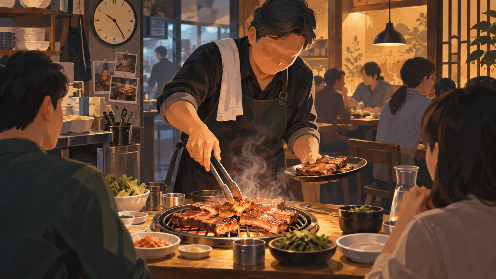 손님상에서 돼지갈비를 직접 굽는 동네 식당 주인 일러스트