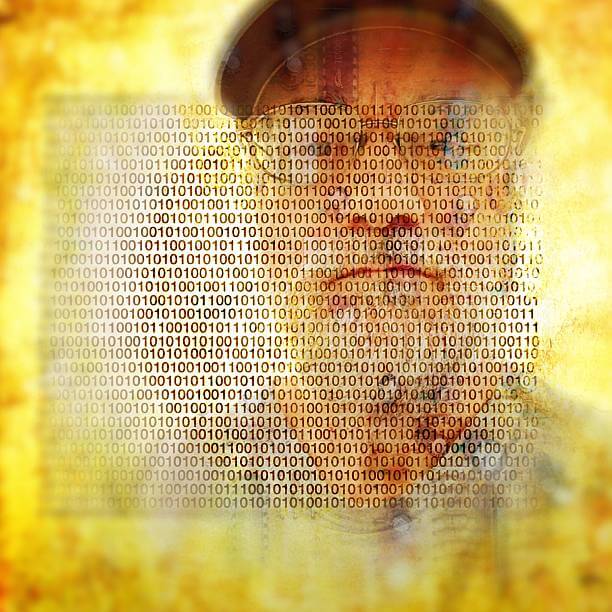 디지털 코드 뒤로 보이는 할아버지의 얼굴