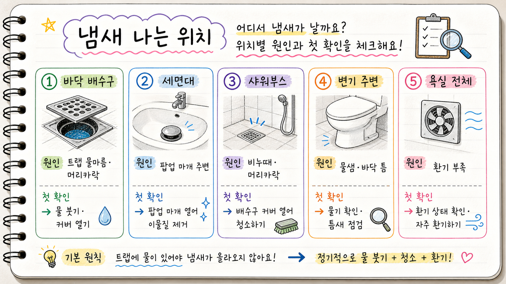 화장실 냄새 위치별 첫 확인 항목을 정리한 가로형 카드