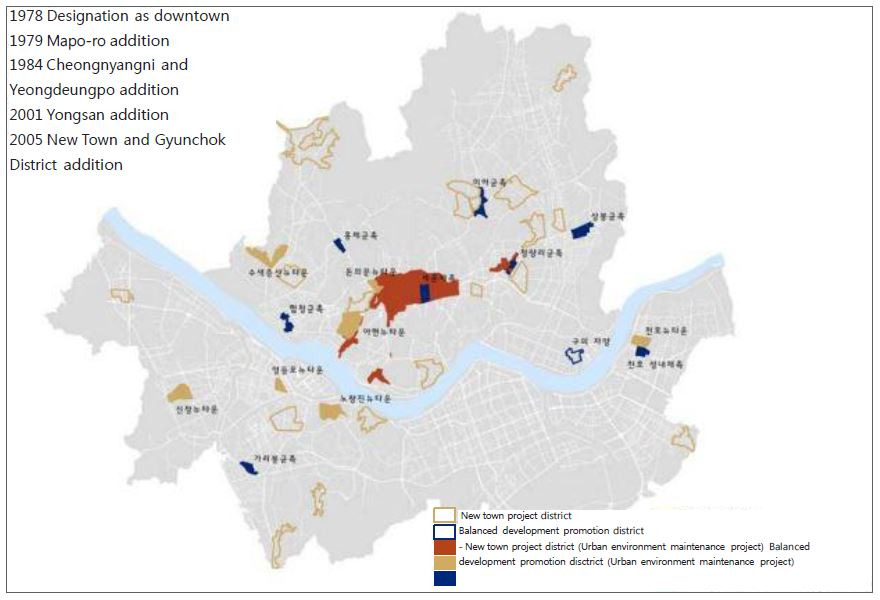 서울시의 재개발 대상 지역 확대 흐름 표시