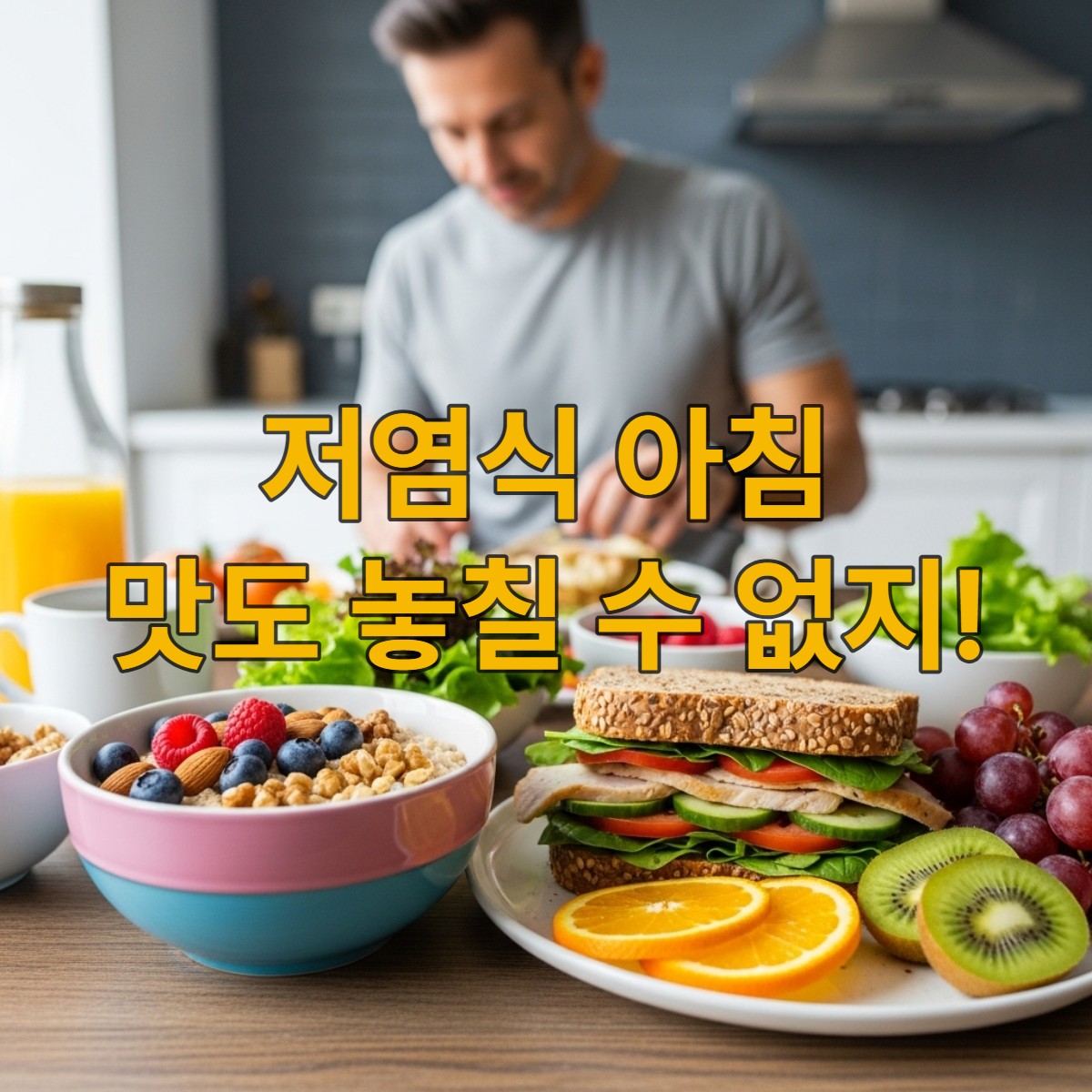 40대 남성을 위한 고혈압 관리 저염 아침 식단. 오트밀, 통곡물 샌드위치, 신선한 과일 등으로 구성된 건강하고 활기찬 아침 식탁.